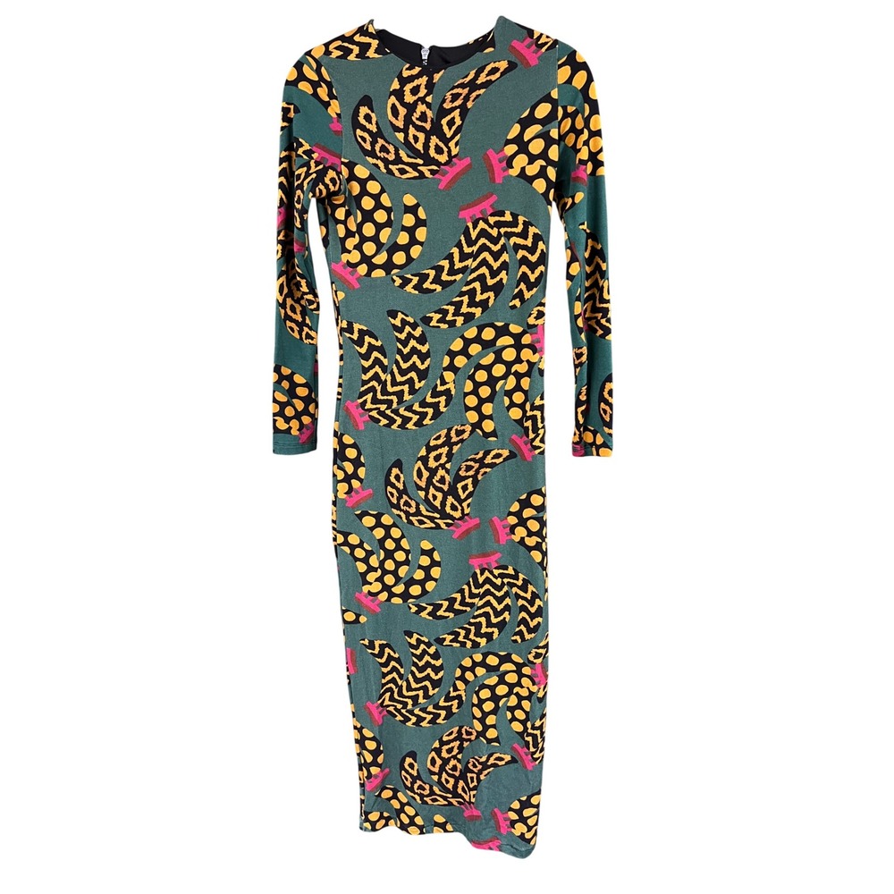 Farm Rio Teal Ethnic Banana Midi Dress Long Sleeve Leopard Print NWT Size Small - Picture 2 of 8